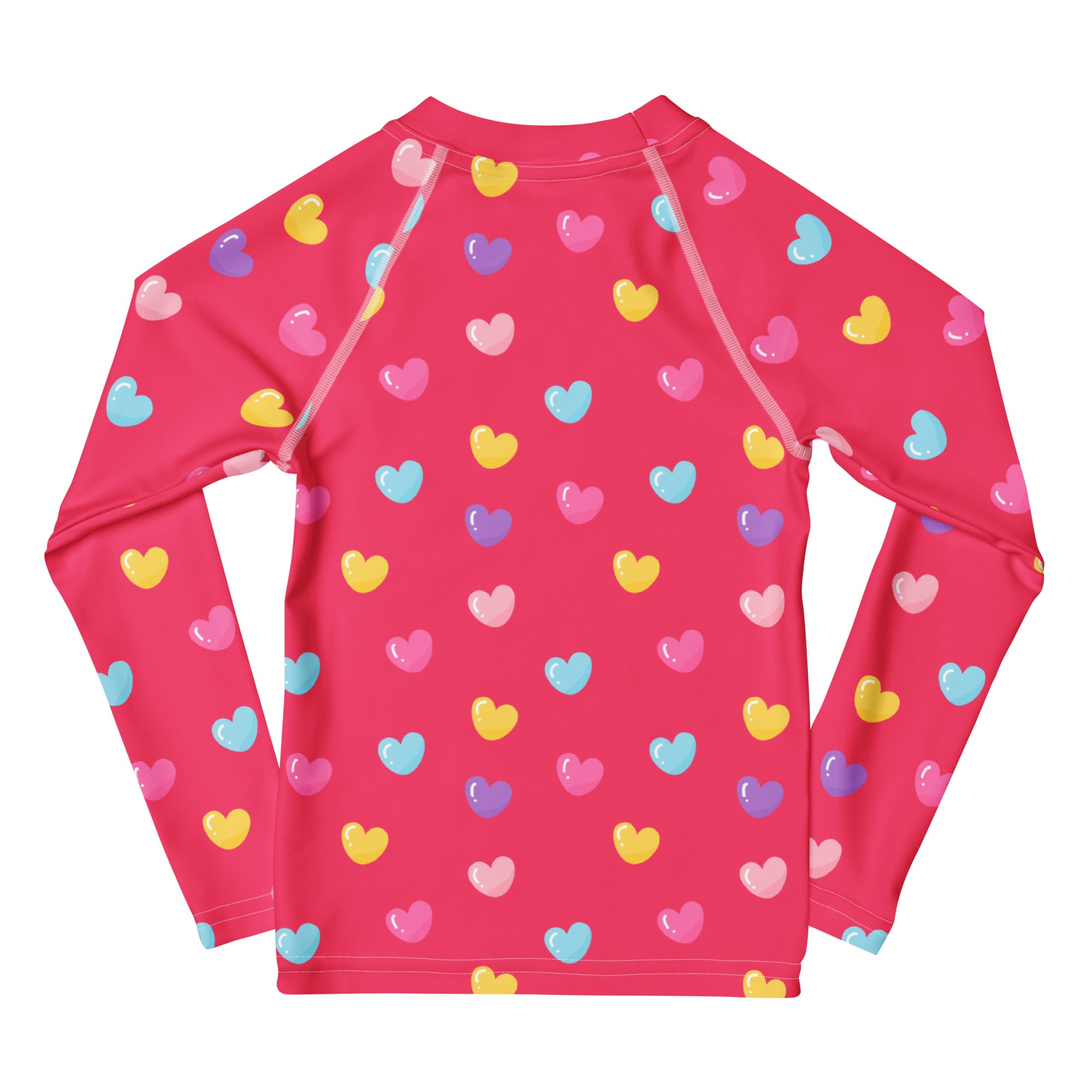 A vibrant pink long sleeve rash guard with colorful hearts pattern and upf 50 plus for girls swimwear