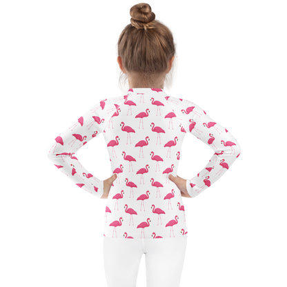 Kids Pink Flamingo Long Sleeve Rash Guard Swim Shirt With UPF 50+
