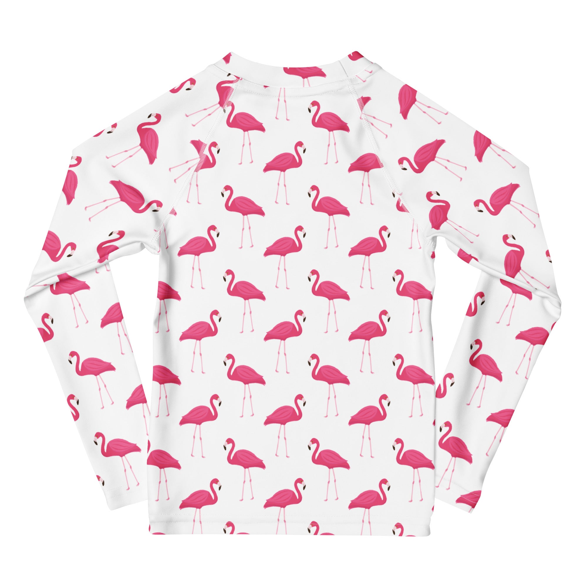 Kids pink flamingo long sleeve rash guard swim shirt with UPF 50 plus in white with vibrant pink flamingo pattern