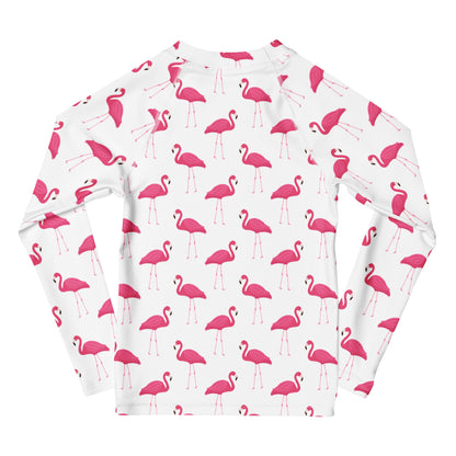 Kids Pink Flamingo Long Sleeve Rash Guard Swim Shirt With UPF 50+