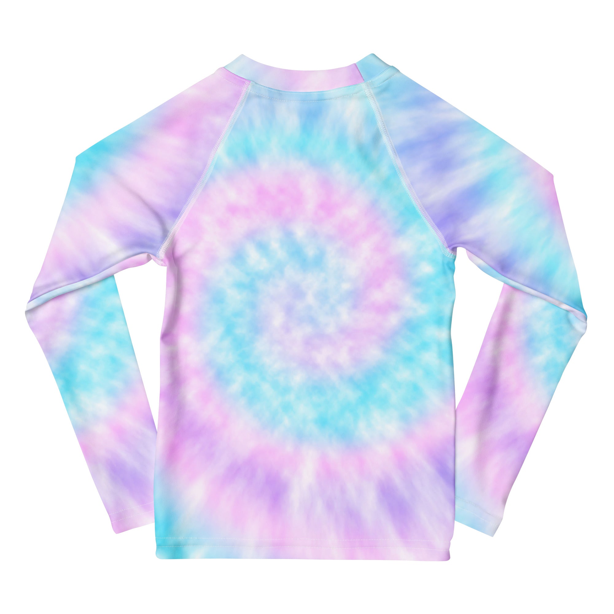 Girl tie dye long sleeve rash guard swim shirt with upf 50 plus in pastel pink blue and purple vibrant pattern