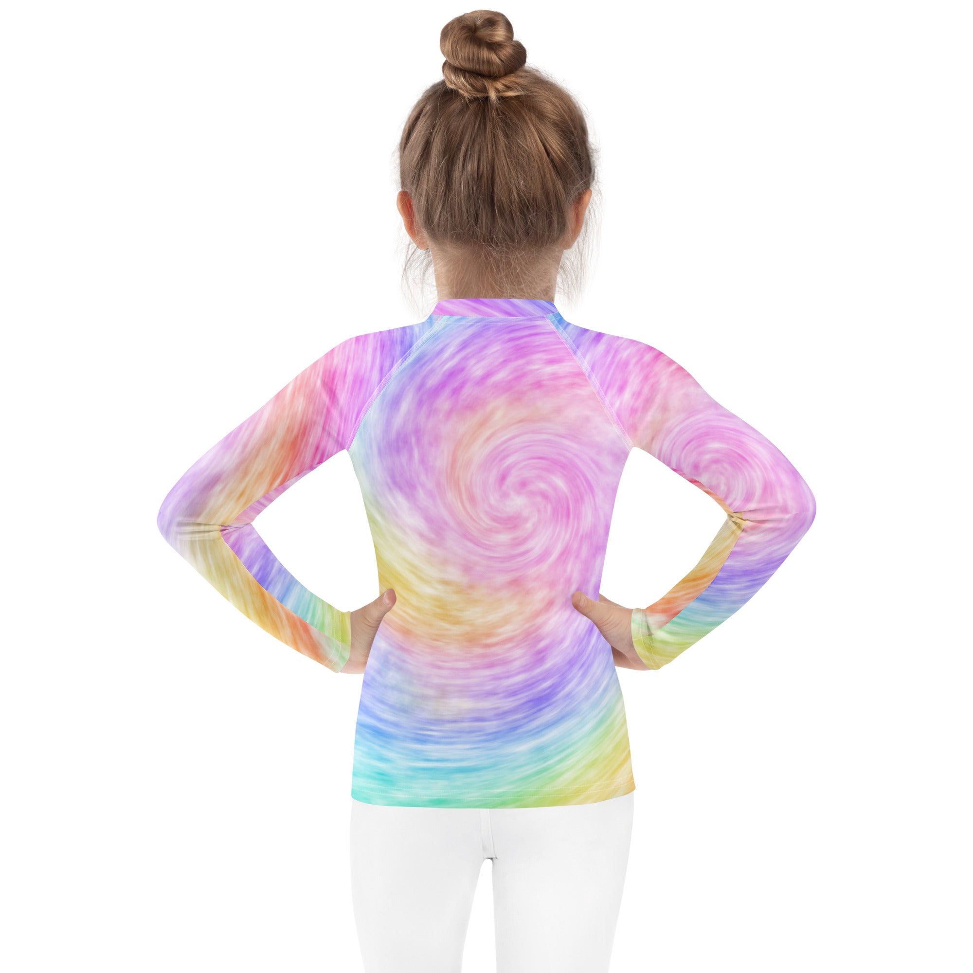 Kids rainbow tie dye long sleeve rash guard swim shirt with vibrant pastel spiral pattern and upf 50 plus protection