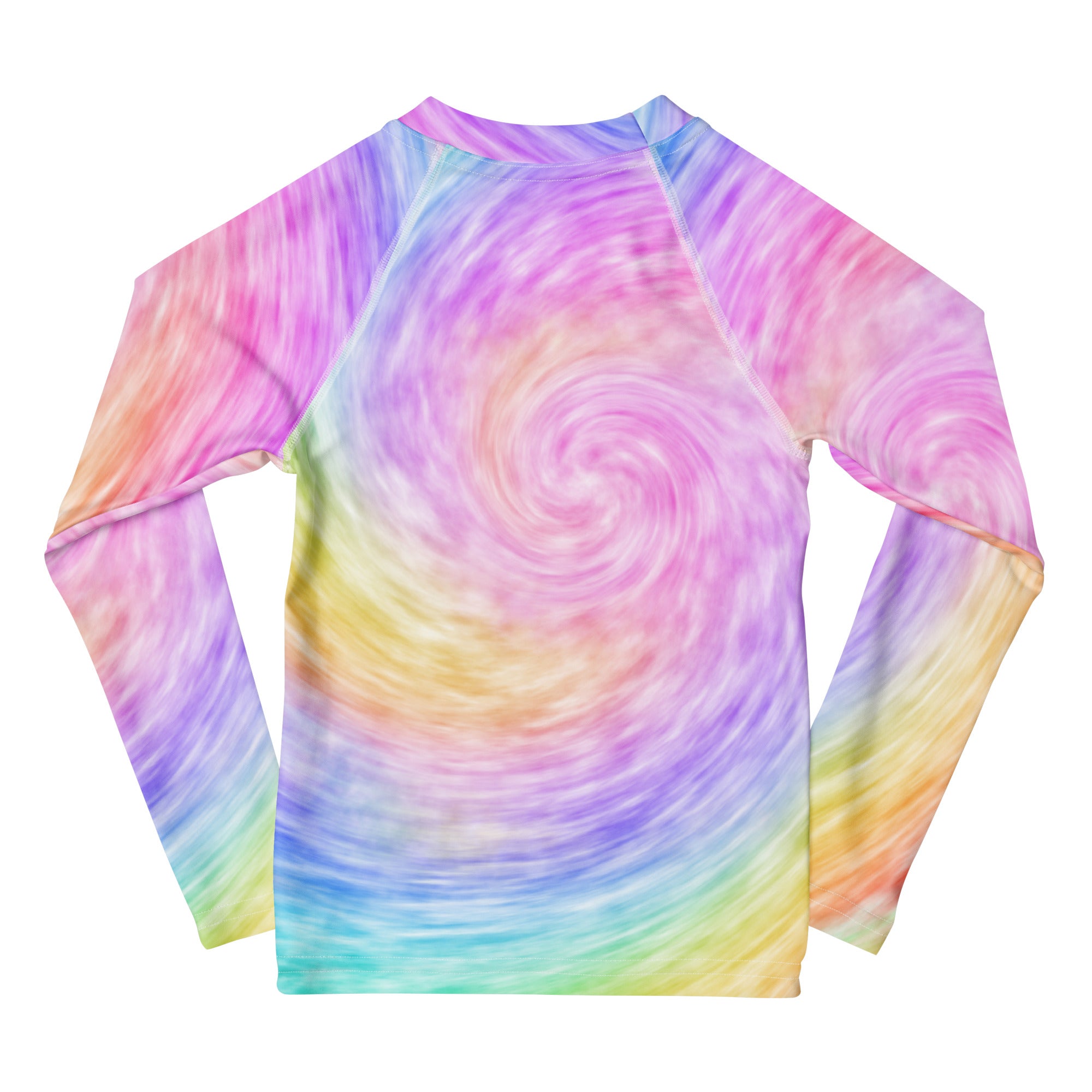 Kids rainbow tie dye long sleeve rash guard swim shirt with upf 50 plus featuring pastel pink purple yellow and blue swirl pattern