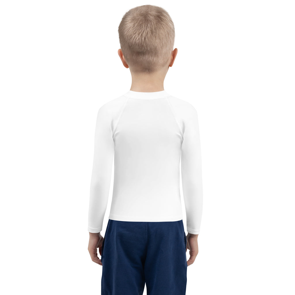 White long-sleeved kids rash guard swim shirt with rubber duck print and upf 50+ for sun protection