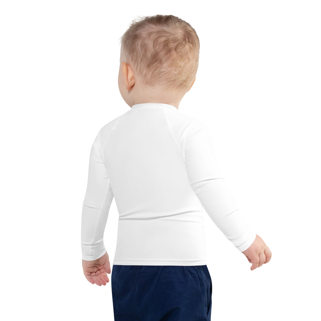 White long-sleeved toddler rash guard swim shirt with upf 50 plus featuring rubber duck design for sun protection
