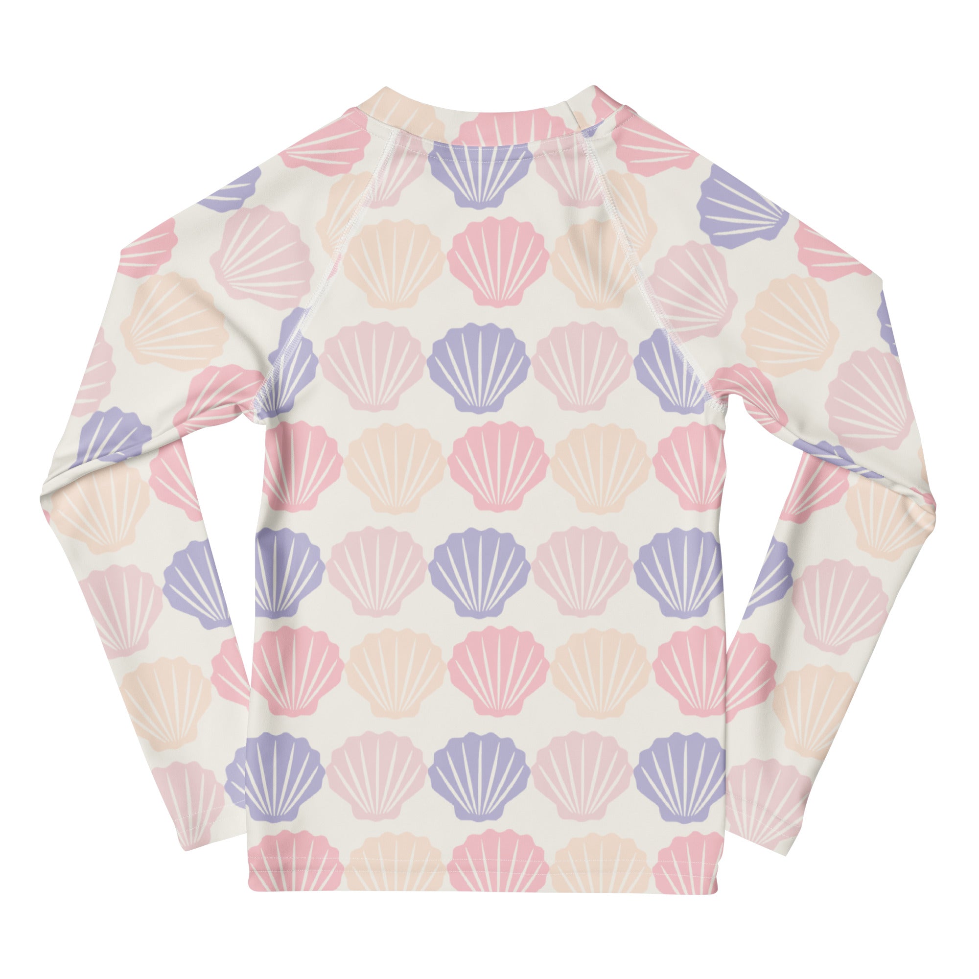 Kids seashell print long sleeve rash guard swim shirt with upf 50+ featuring pastel pink lavender and cream seashells on off-white