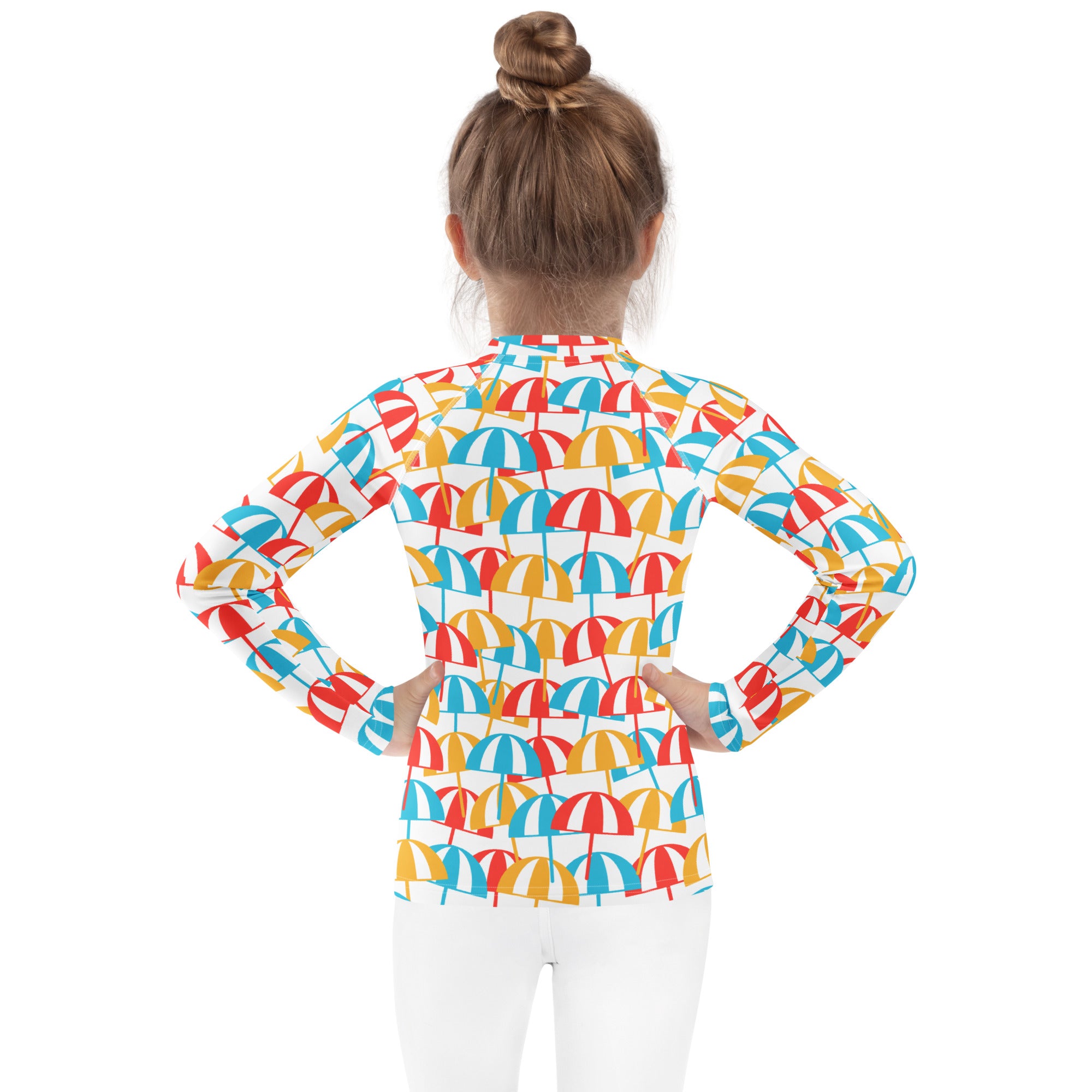 Kids beach umbrella long sleeve rash guard swim shirt with upf 50 plus featuring red blue yellow umbrella pattern on white