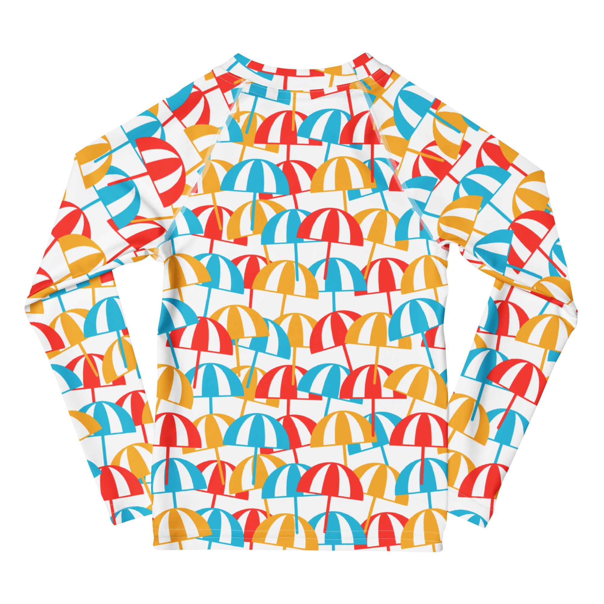Kids beach umbrella long sleeve rash guard swim shirt with UPF 50+ featuring red blue and yellow umbrella patterns on white