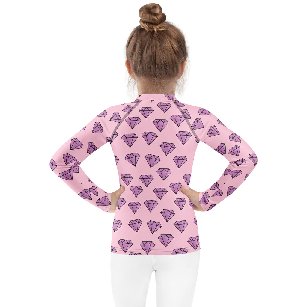 Girls purple diamonds long sleeve rash guard swim shirt in pink with purple diamond pattern and upf 50 plus protection