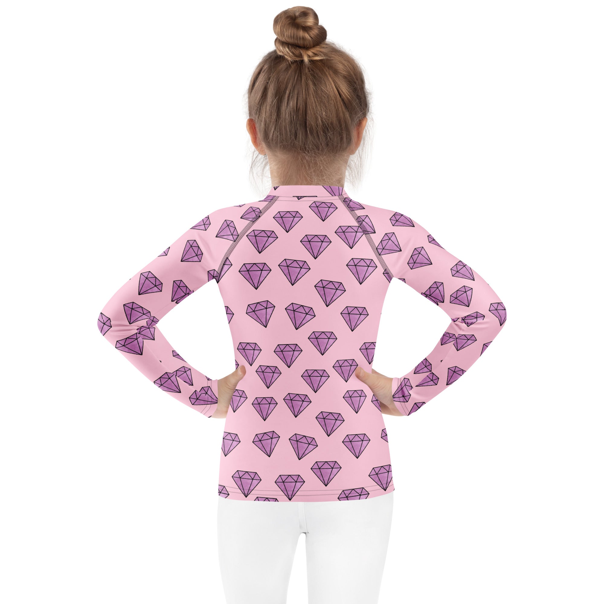 Girls purple diamonds long sleeve rash guard swim shirt in pink with purple diamond pattern and upf 50 plus protection