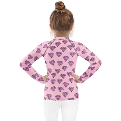 Girls Purple Diamonds Long Sleeve Rash Guard Swim Shirt With UPF 50+