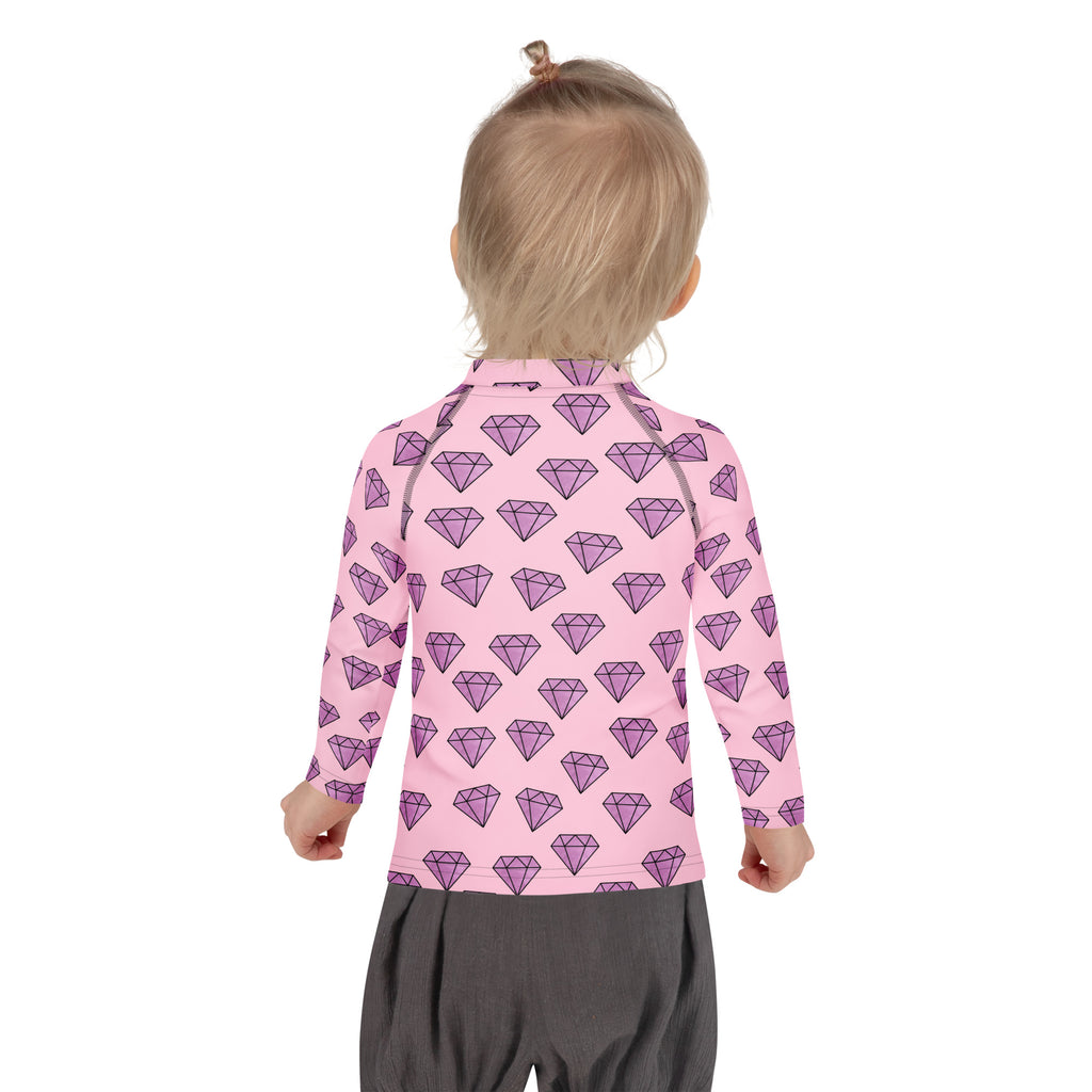 Girls purple diamonds long sleeve rash guard swim shirt in pink with purple diamond pattern and upf 50+ protection