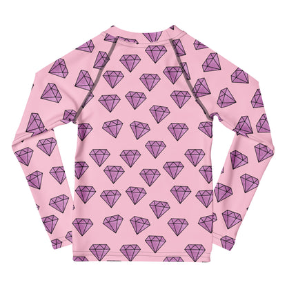 Girls Purple Diamonds Long Sleeve Rash Guard Swim Shirt With UPF 50+
