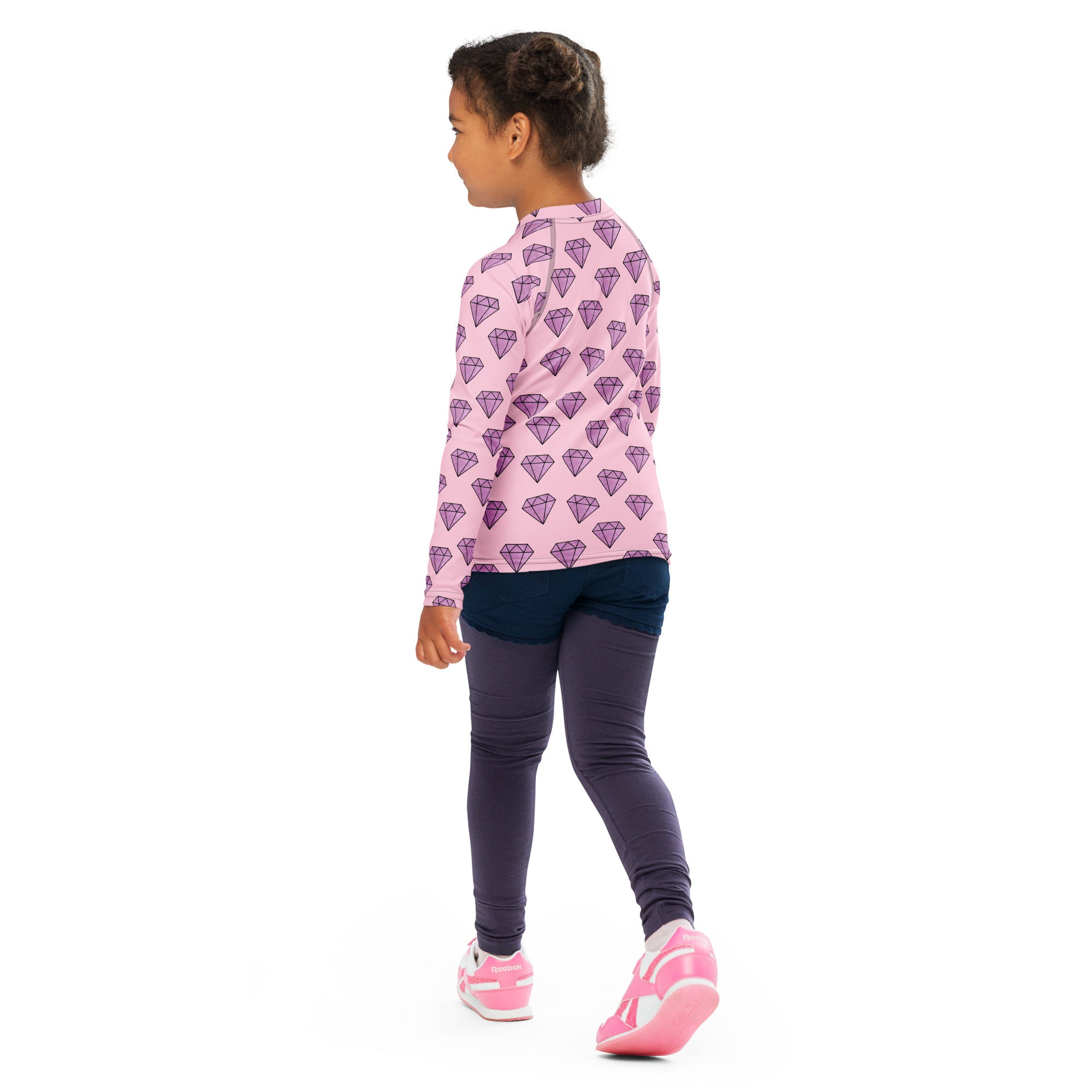 Girls purple diamonds long sleeve rash guard swim shirt with upf 50 plus featuring pink fabric with purple diamond pattern