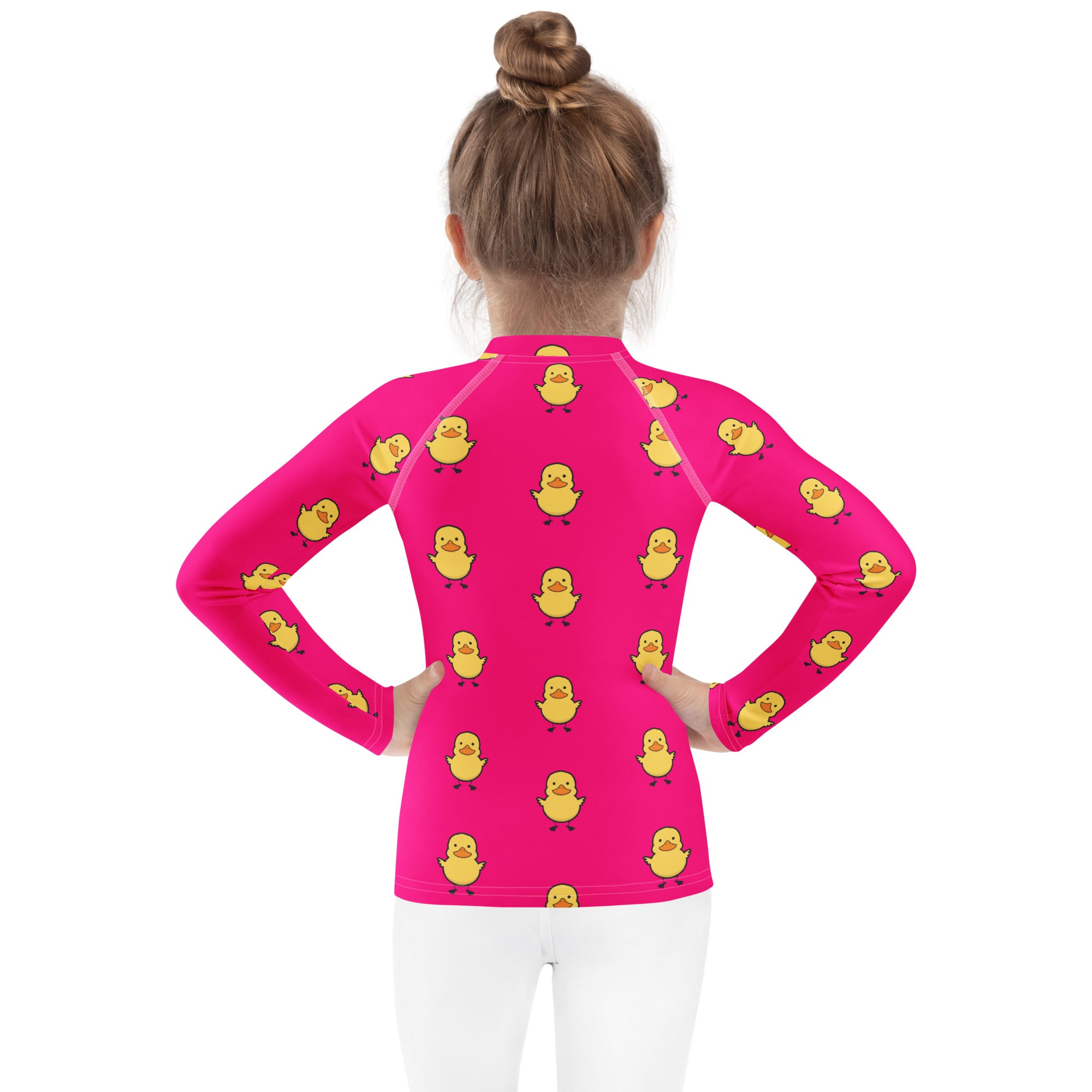 Girls Pink Rubber Duck Long Sleeve Rash Guard Swim Shirt With UPF 50+