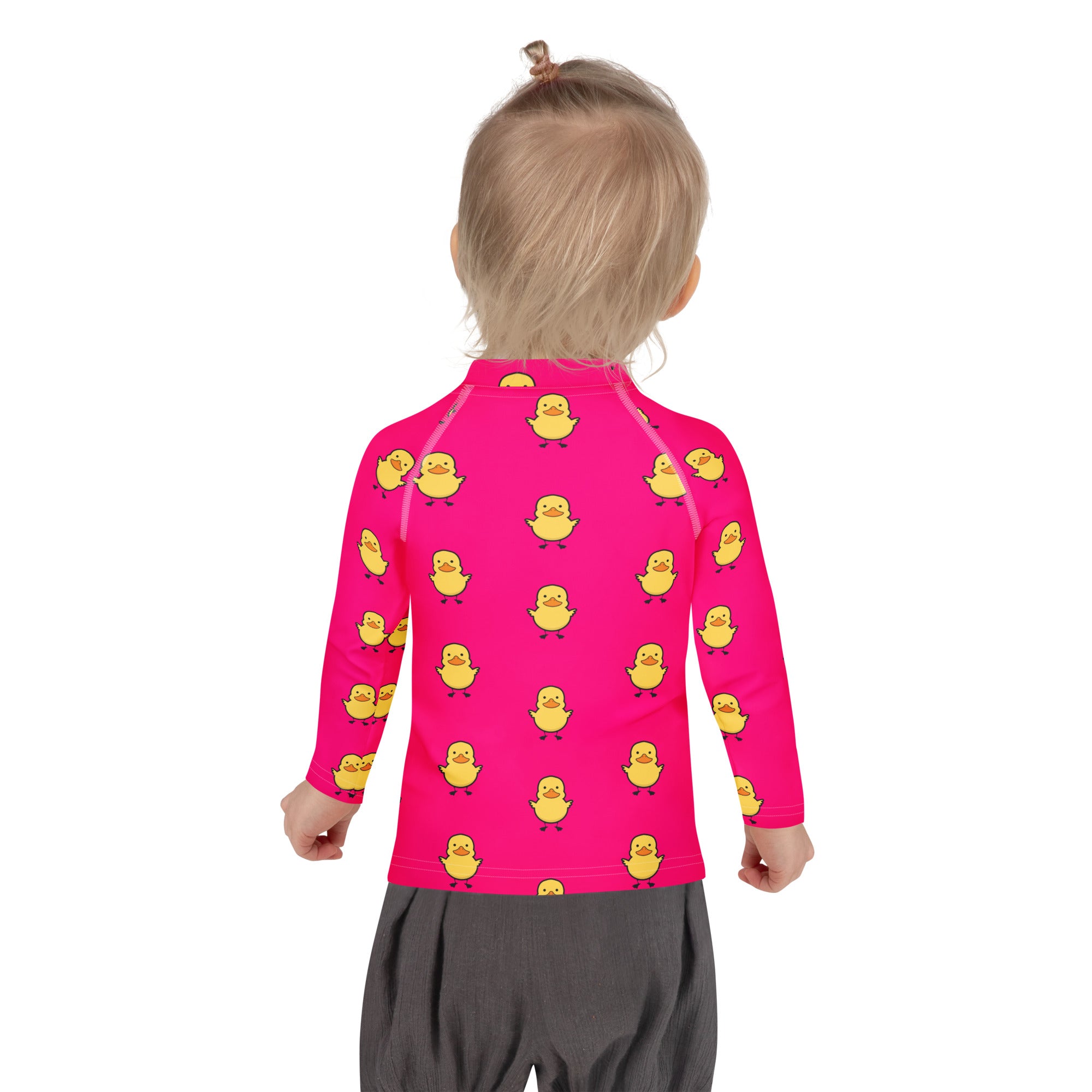 Girls Pink Rubber Duck Long Sleeve Rash Guard Swim Shirt With UPF 50+