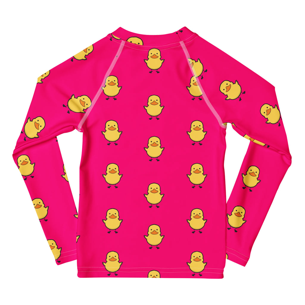 Girls Pink Rubber Duck Long Sleeve Rash Guard Swim Shirt With UPF 50+