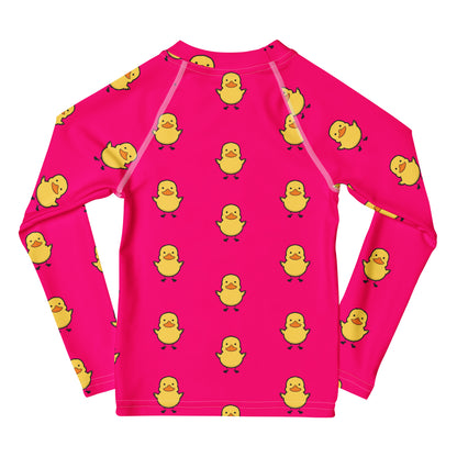 Girls Pink Rubber Duck Long Sleeve Rash Guard Swim Shirt With UPF 50+