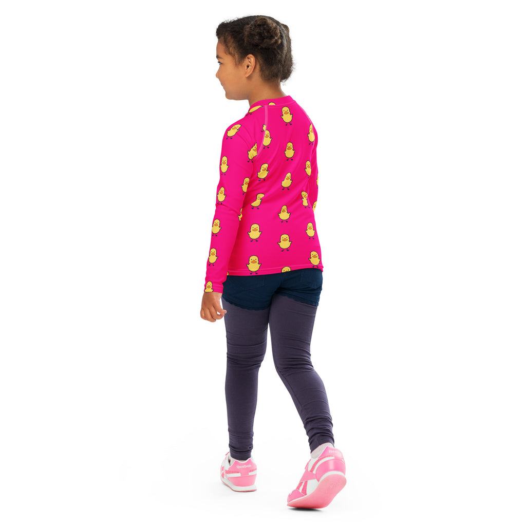 Girls Pink Rubber Duck Long Sleeve Rash Guard Swim Shirt With UPF 50+
