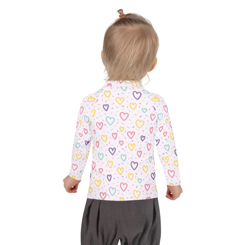 Girls hearts and sprinkles long sleeve rash guard swim shirt white with multicolored pastel heart pattern and upf 50+