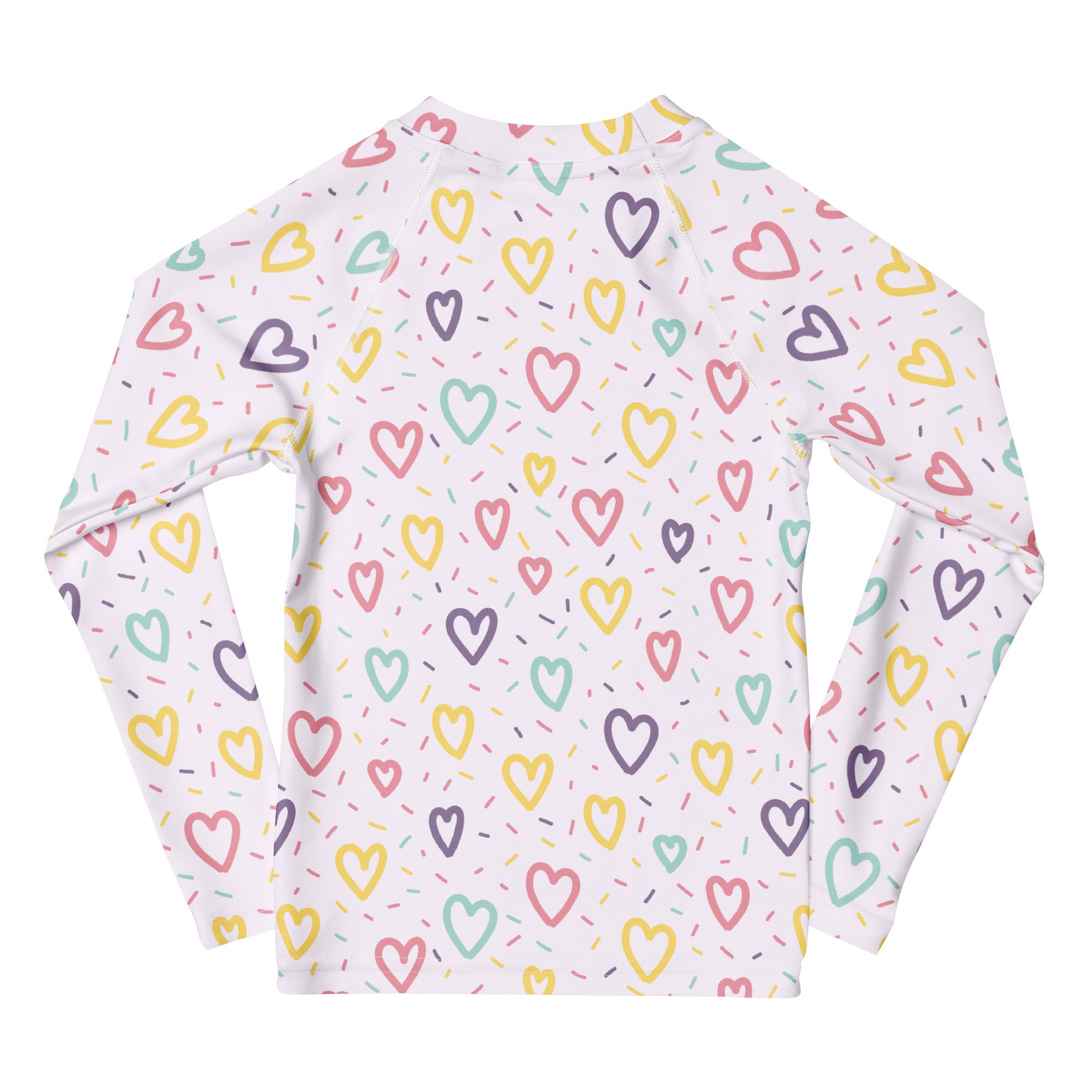 White long-sleeved rash guard swim shirt for girls with multicolored hearts and sprinkles pattern and upf 50+ protection