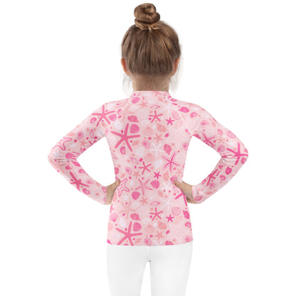 Girls Pink Starfish & Seashell Long Sleeve Rash Guard Swim Shirt With UPF 50+