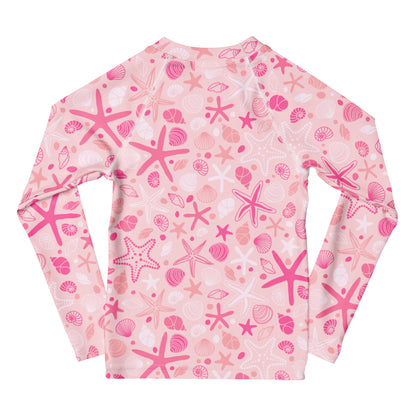 Girls Pink Starfish & Seashell Long Sleeve Rash Guard Swim Shirt With UPF 50+