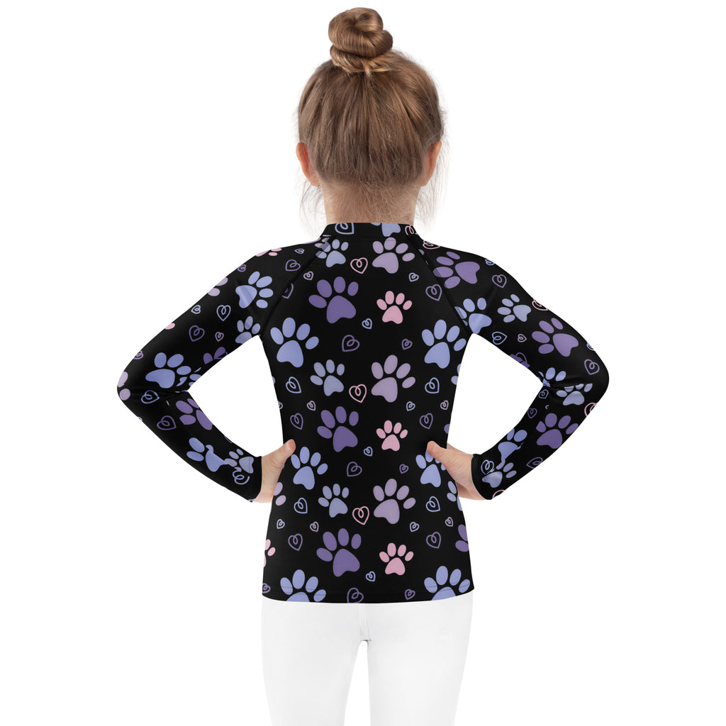Black long-sleeved rash guard for girls with purple and pink paw print pattern and hearts upf 50+ swim shirt