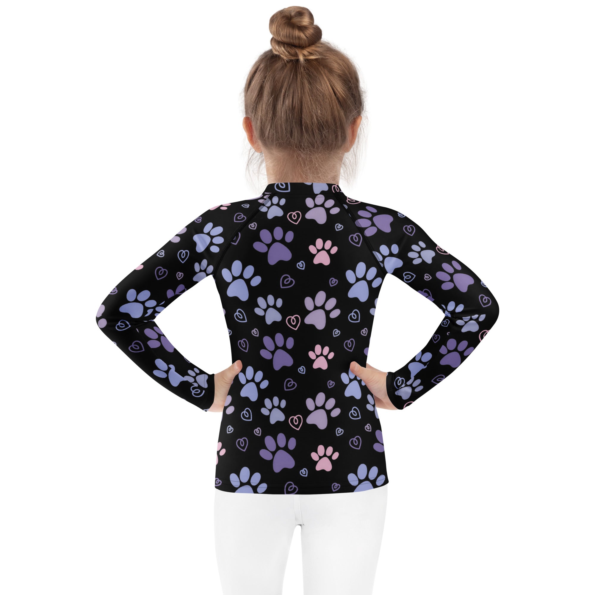 Girls Purple and Pink Paw Print Long Sleeve Rash Guard Swim Shirt With UPF 50+