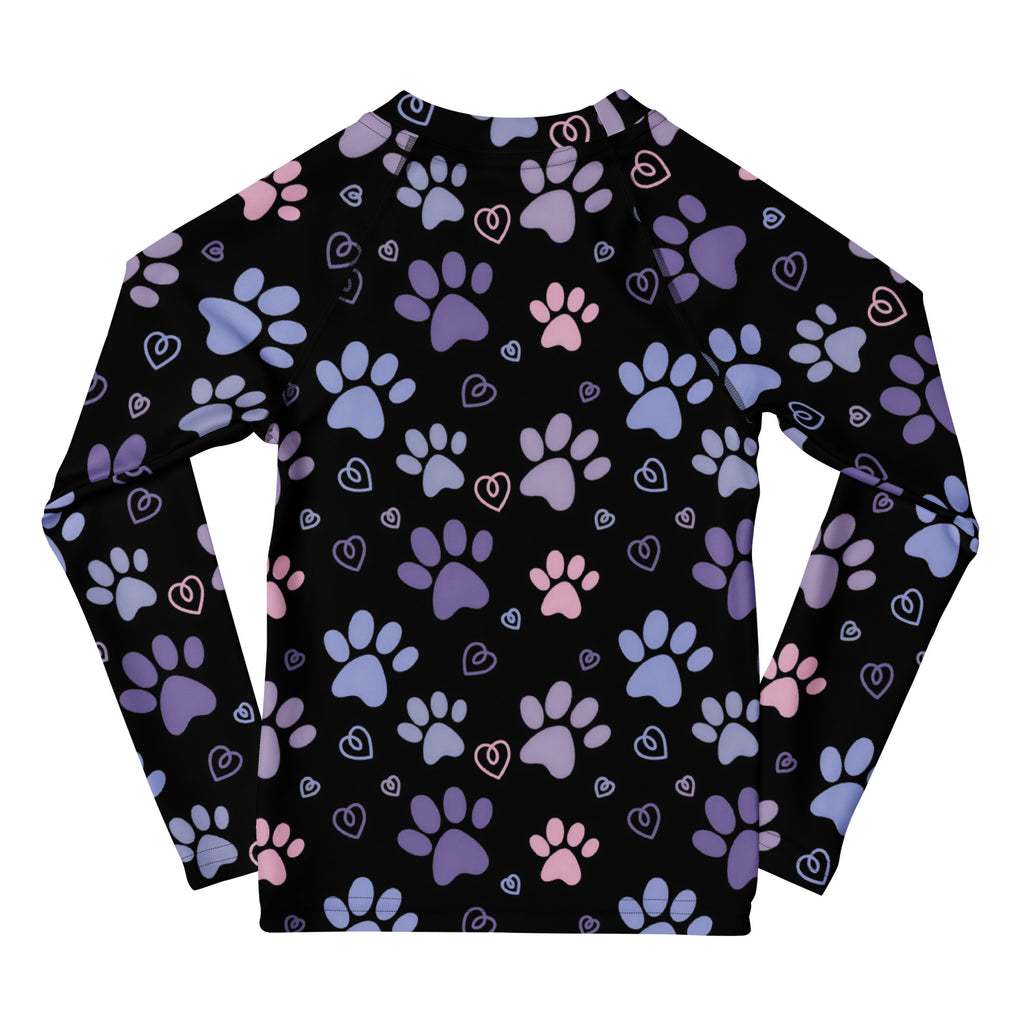 Black long-sleeved rash guard with purple and pink paw prints and hearts featuring upf 50 plus protection