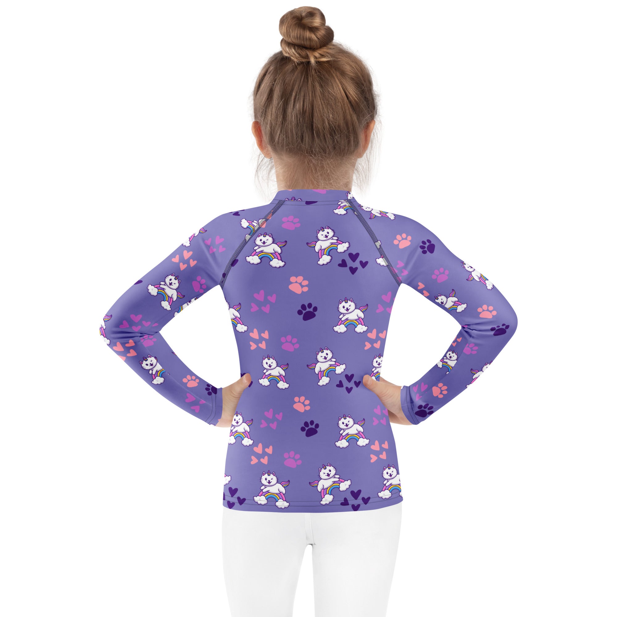 Girls purple long sleeve rash guard swim shirt with upf 50 plus featuring white cartoon dogs rainbows paw prints and hearts