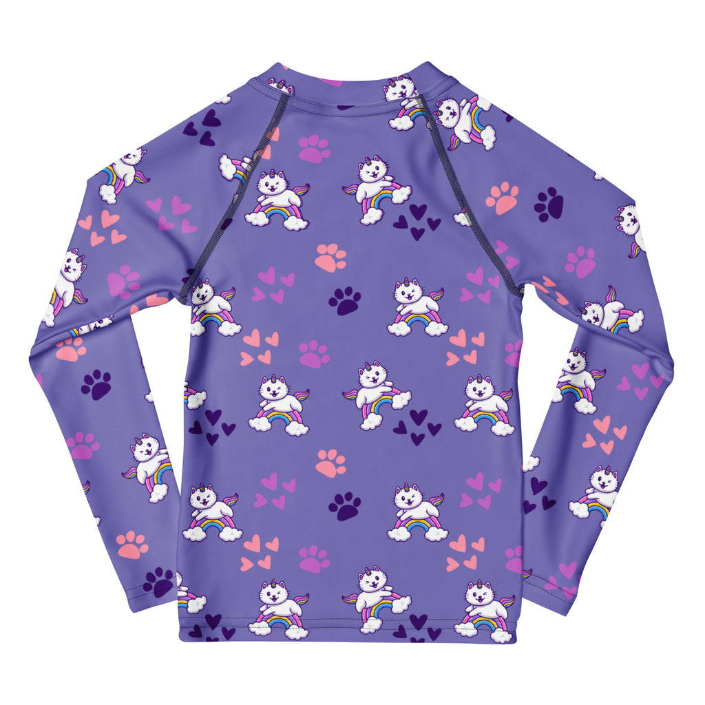 Girls purple long sleeve rash guard swim shirt with playful white caticorn print and UPF 50+ sun protection