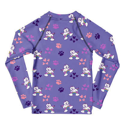 Girls Purple Caticorn Long Sleeve Rash Guard Swim Shirt With UPF 50+