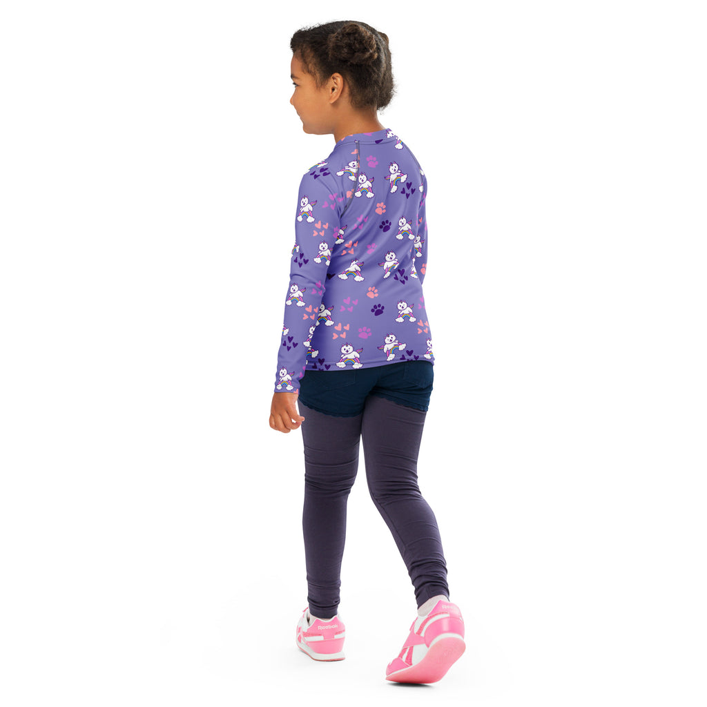 Girls purple caticorn long sleeve rash guard swim shirt with playful white cartoon characters and pink paw prints