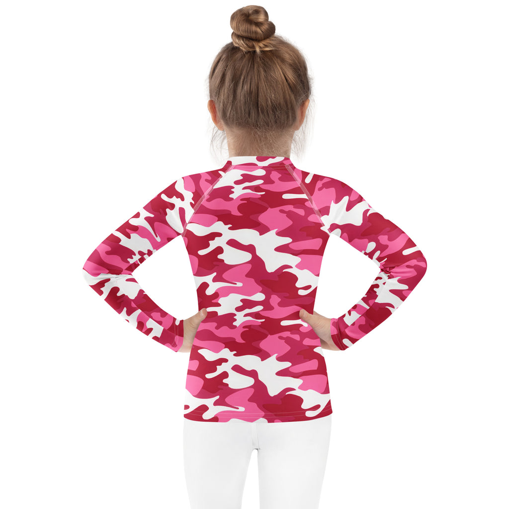 Girls pink and white camouflage long sleeve rash guard swim shirt with UPF 50 plus for sun protection