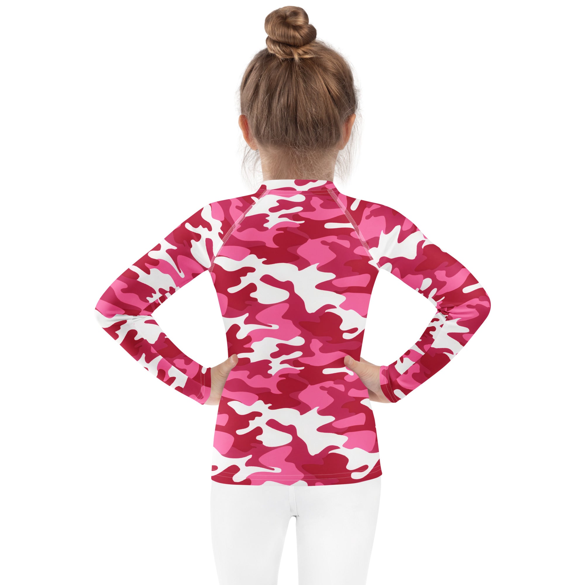 Girls pink and white camouflage long sleeve rash guard swim shirt with UPF 50 plus for sun protection