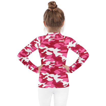 Girls Pink Camouflage Long Sleeve Rash Guard Swim Shirt With UPF 50+