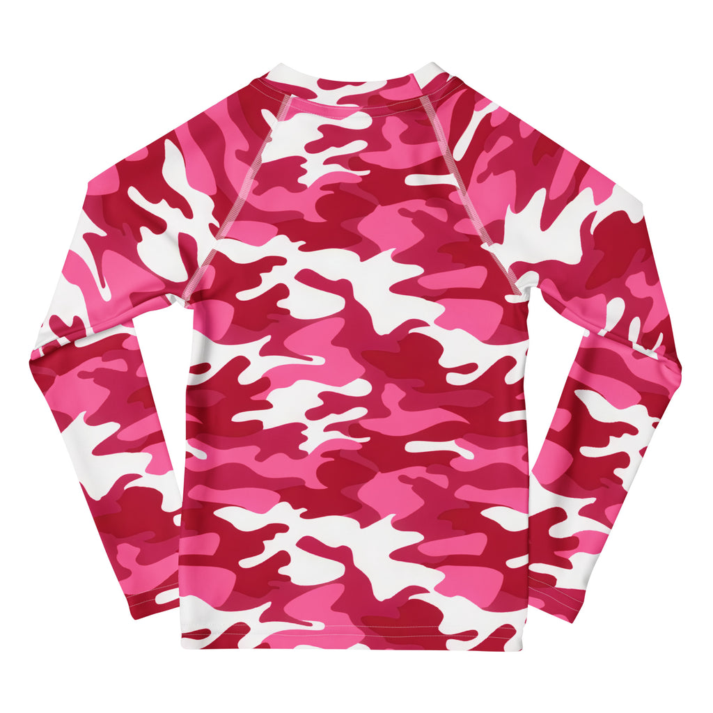 Girls pink camouflage long sleeve rash guard swim shirt with upf 50 plus featuring vibrant pink and white pattern