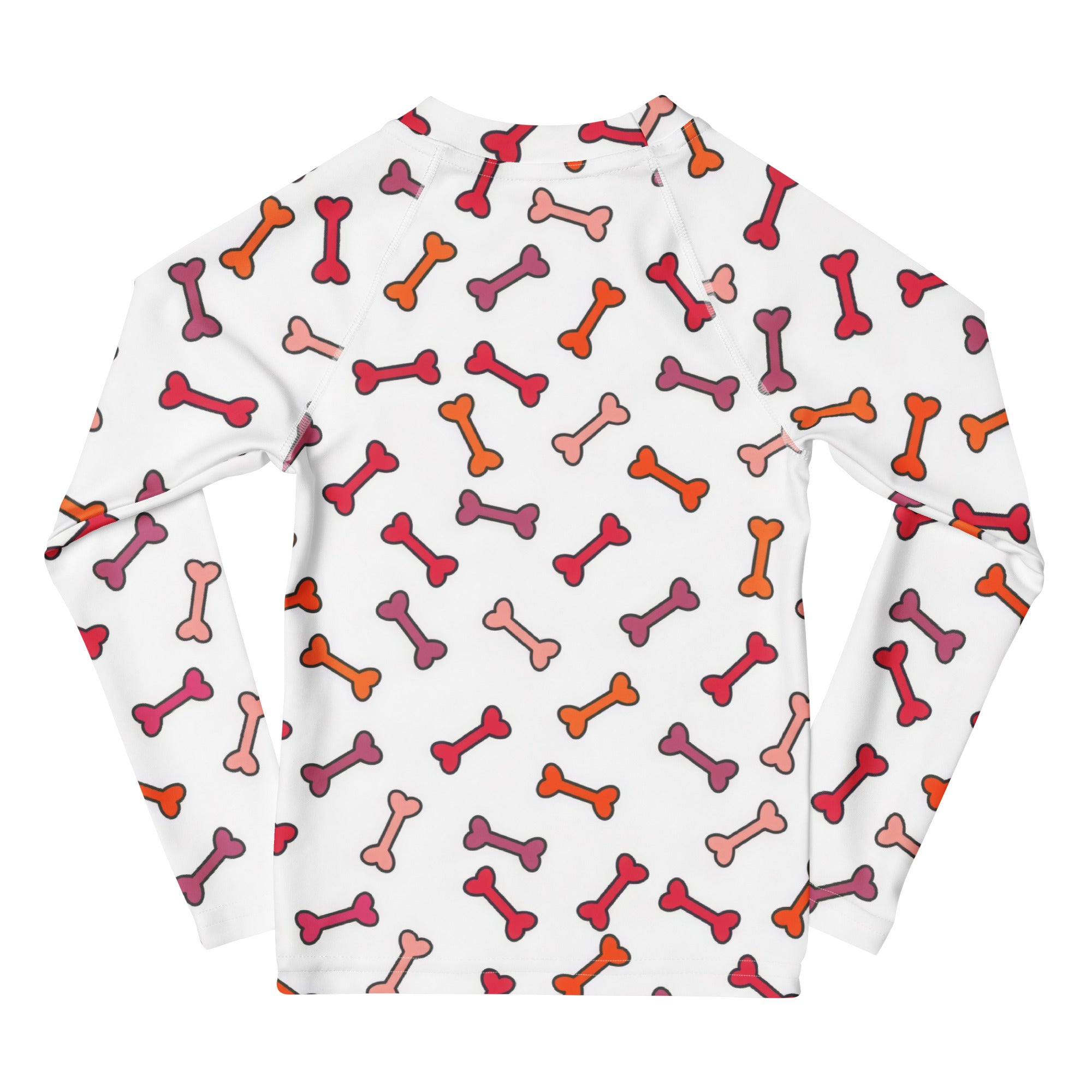 White kids dog bone long sleeve rash guard swim shirt with multicolored cartoon bones and UPF 50 plus protection