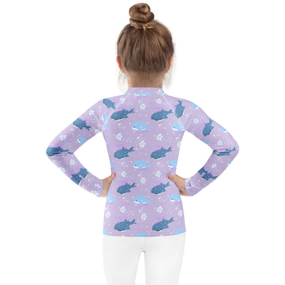 Girls Purple Whale Shark Long Sleeve Rash Guard Swim Shirt With UPF 50+