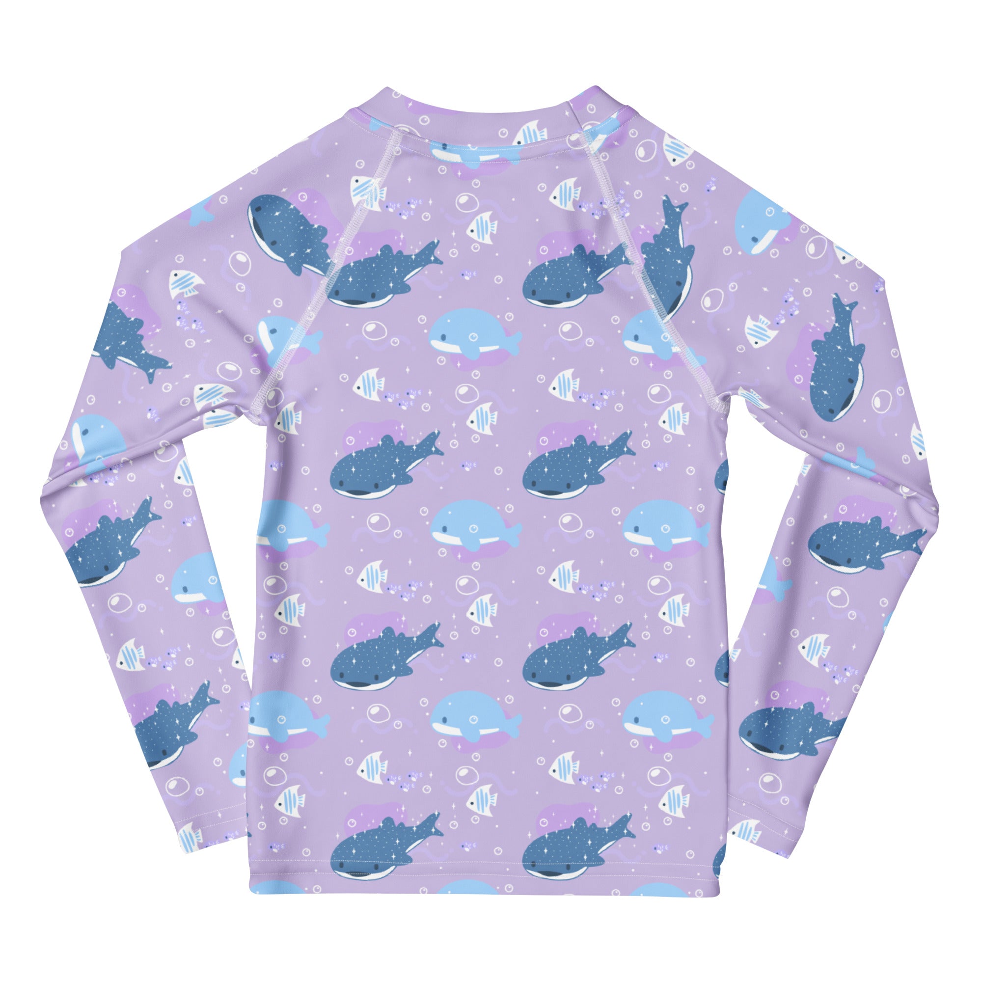 Girls purple long sleeve rash guard swim shirt with UPF 50 plus featuring blue whales fish and white bubbles pattern