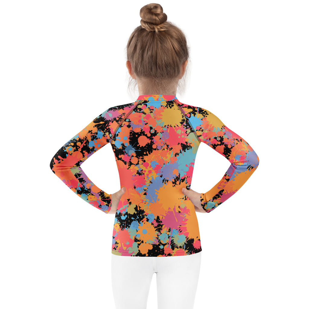 Kids paint splatter long sleeve rash guard swim shirt with upf 50 plus featuring vibrant orange pink blue yellow design on black