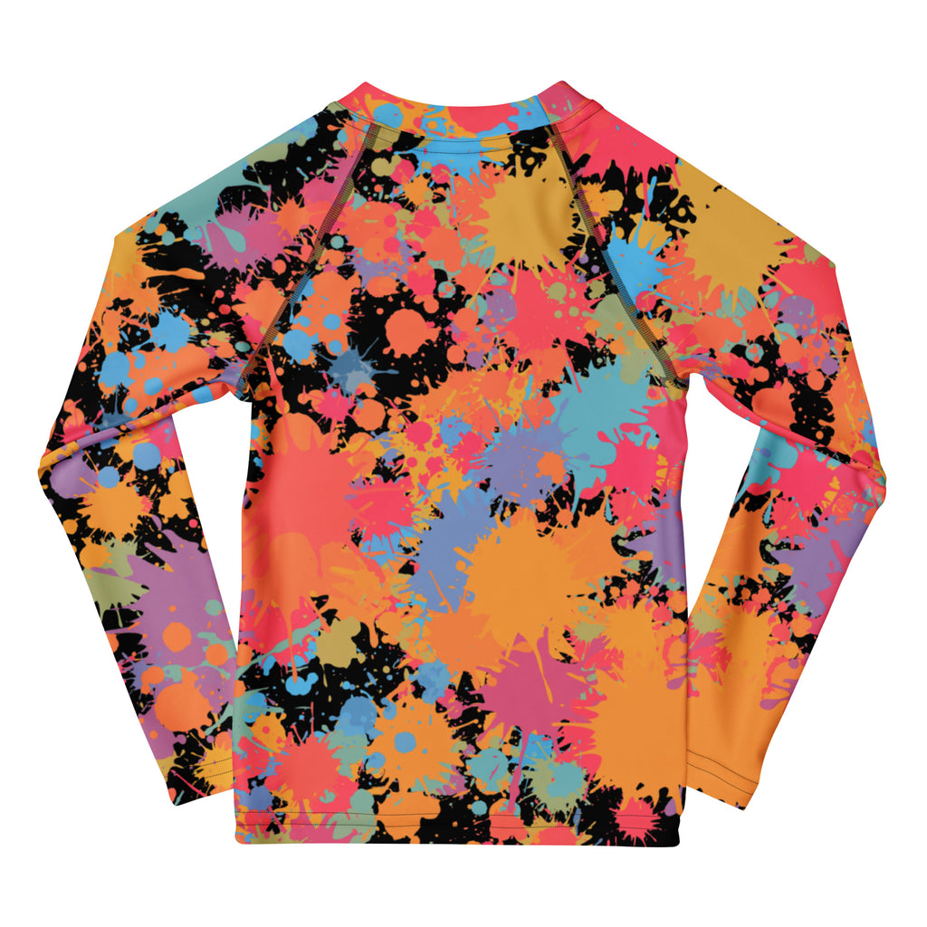 Vibrant kids paint splatter long sleeve rash guard swim shirt with UPF 50 plus in orange pink blue and black