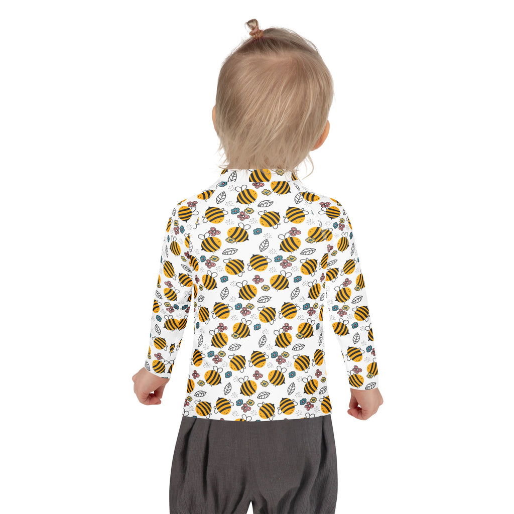 Kids floral yellow bumblebee long sleeve rash guard swim shirt with upf 50 plus featuring a bee and leaf pattern