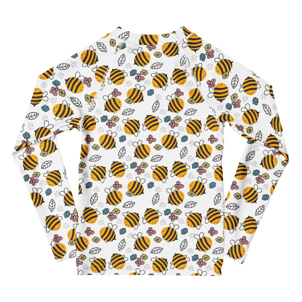Kids floral yellow bumblebee long sleeve rash guard swim shirt with upf 50 plus featuring bee and floral pattern
