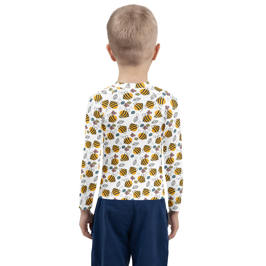 Kids floral yellow bumblebee long sleeve rash guard swim shirt with upf 50 plus featuring bee and leaf pattern