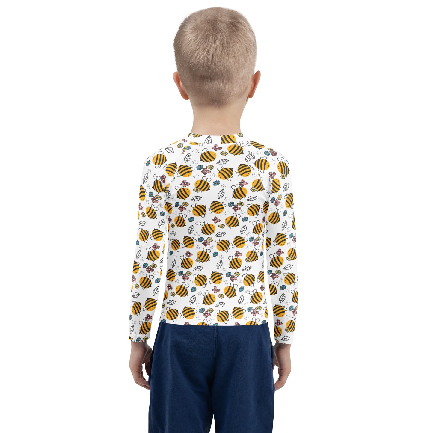 Kids Floral Yellow Bumblebee Long Sleeve Rash Guard Swim Shirt With UPF 50+