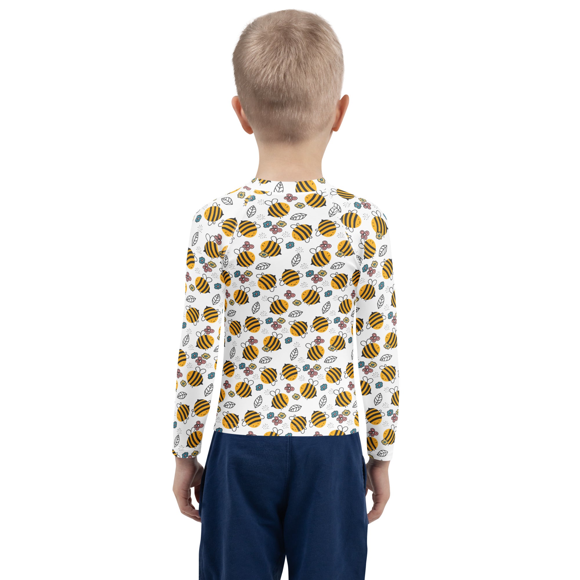 Kids floral yellow bumblebee long sleeve rash guard swim shirt with upf 50 plus featuring bee and leaf pattern
