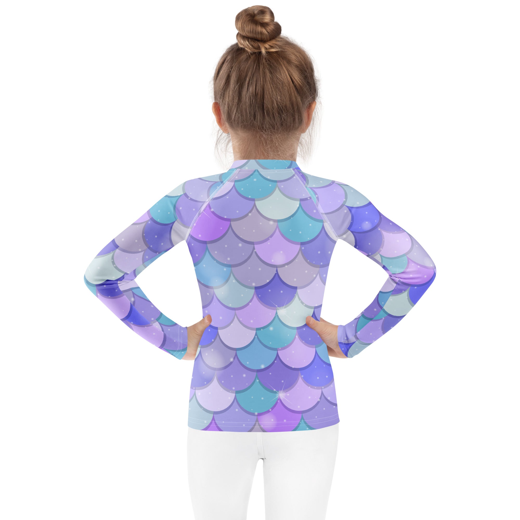 Girls purple mermaid scales long sleeve rash guard swim shirt with UPF 50 and vibrant purple teal gradient design