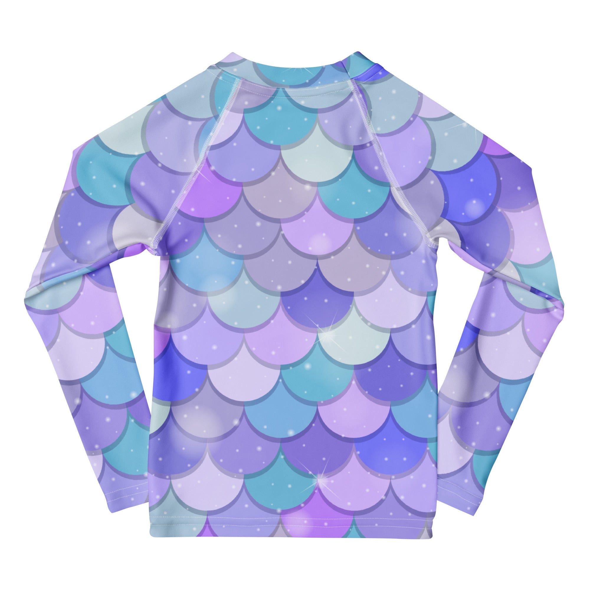 Girls purple mermaid scales long sleeve rash guard swim shirt with iridescent teal and purple glitter pattern and UPF 50+ protection
